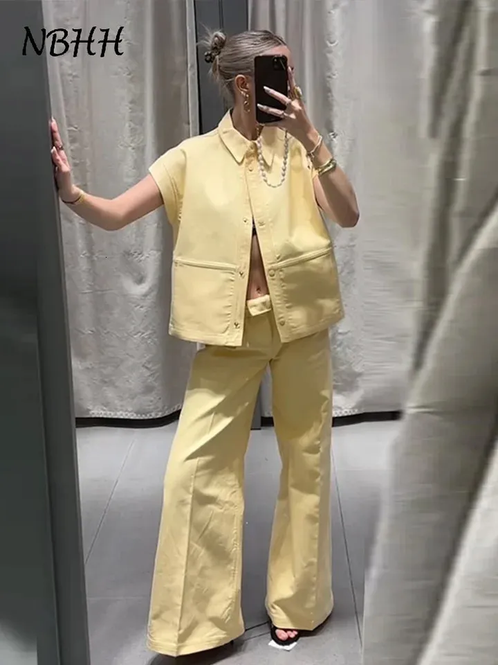 Street Fashion Vest Pants Set For Women Lapel Waistcoat & Wide Leg ...