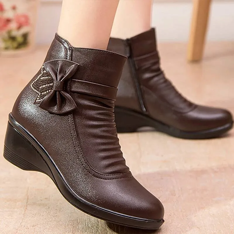 Fashion Winter Women Ankle PU Leather Female Thick Plush Warm Snow Boots Mother Waterproof Non-slip Booties Ddmysaturn_desvips.com