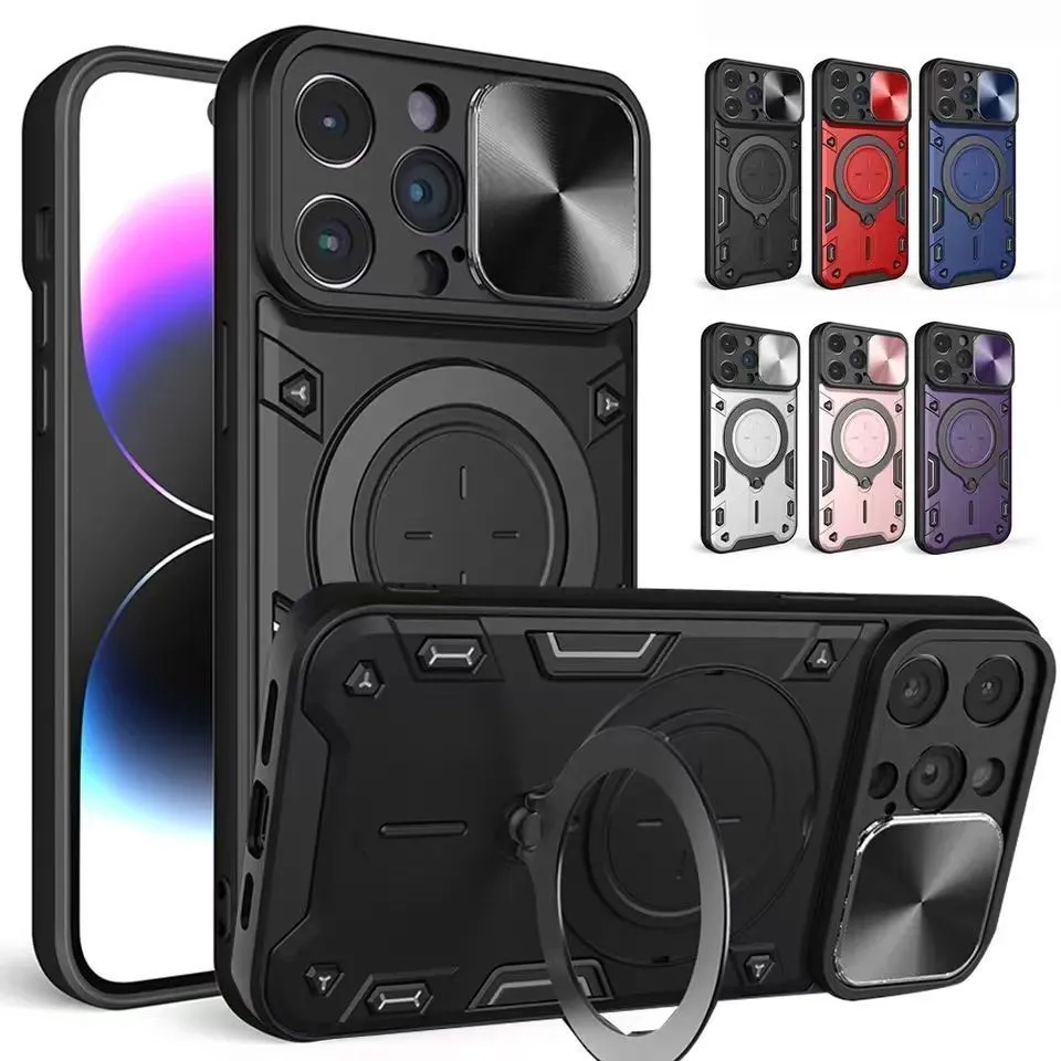 Magnetic Slide Camera Ring Stand Case for iPhone 16 15 14 13 12 11 Pro ...