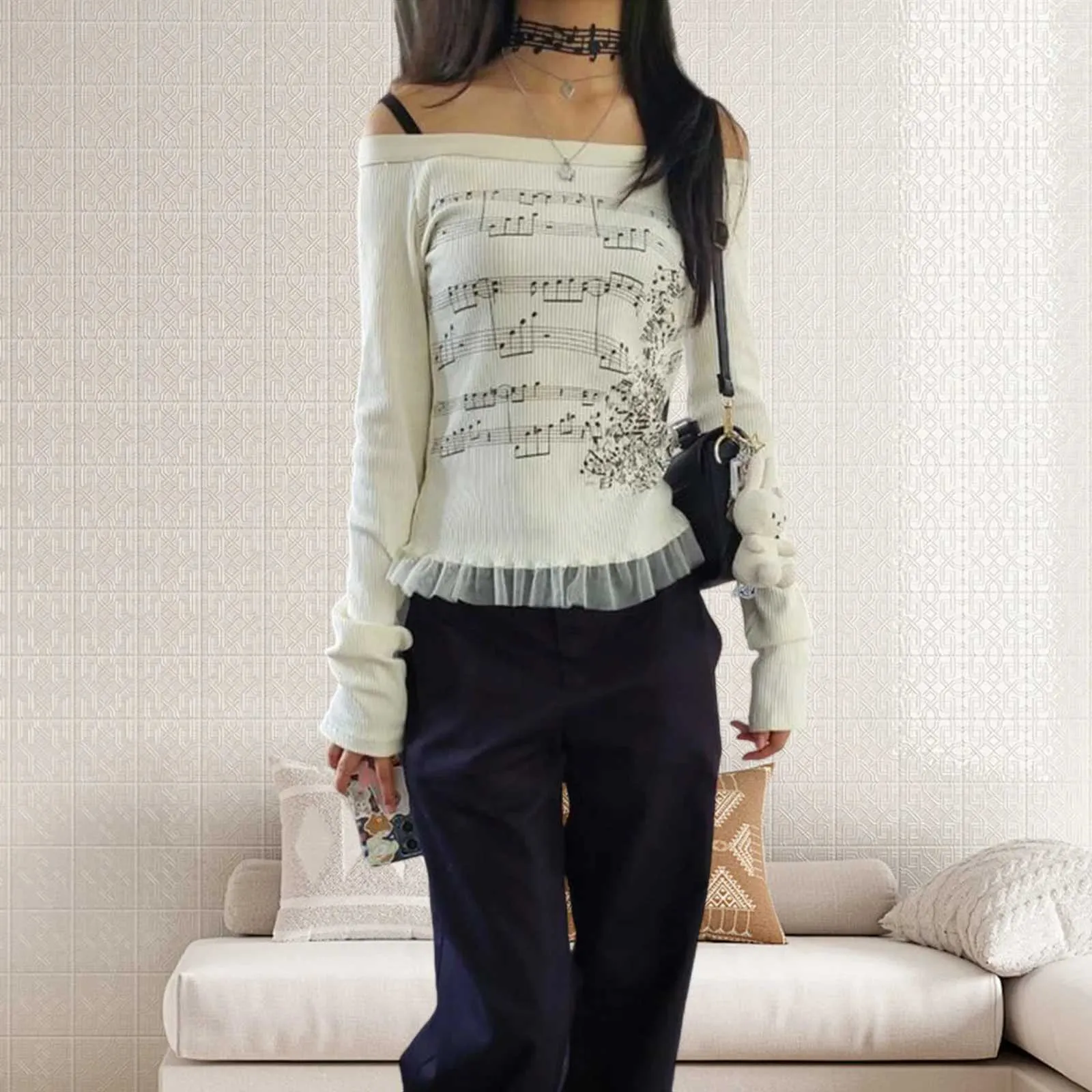 Tops Básicos De Encaje Con Hombros Descubiertos Para Mujer, Camiseta  Ajustada Con Estampado De Notas Musicales Y Manga Larga, Blusa Con Volantes  L251008 De 2,37 € | DHgate, image size:1600x1600