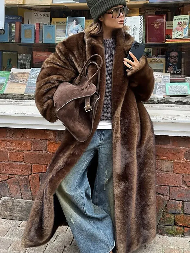 Faux Fur Overcoat for Women Long Loose Bat Sleeved Thick Warm Fur