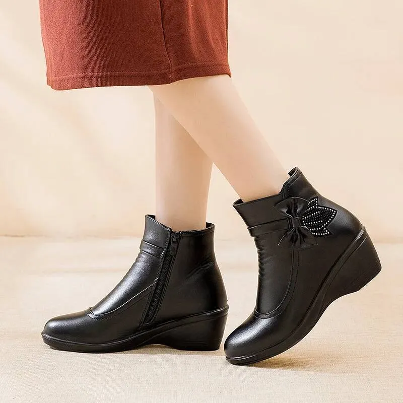 Fashion Winter Women Ankle PU Leather Female Thick Plush Warm Snow Boots Mother Waterproof Non-slip Booties Ddmysaturn_desvips.com