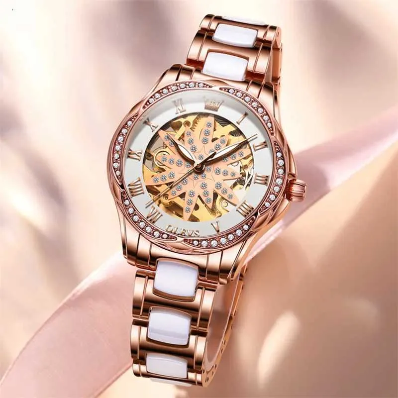 Olevs Women\'s Pink Skeleton Diamond Rose Gold Automatic Elegant Luxury Watch Olevs Women\ main image 3