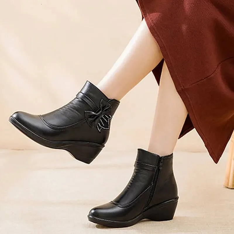 Fashion Winter Women Ankle PU Leather Female Thick Plush Warm Snow Boots Mother Waterproof Non-slip Booties Ddmysaturn_desvips.com