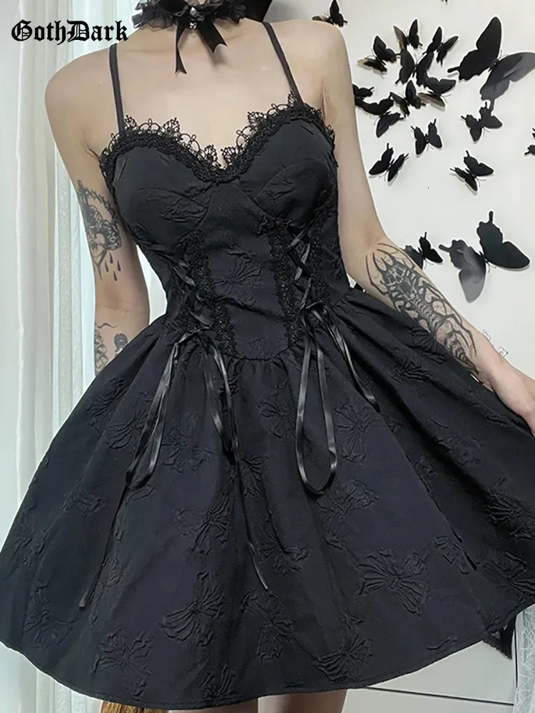 grunge black dress aesthetic Goth Dark Tie Up Mall Gothic Elegant Women's Dress: Grunge Aesthetic  Jacquard A-Line Dress with Emo Lace Trim - Black Party Alt Clothes from  Dhgate Theme Costume