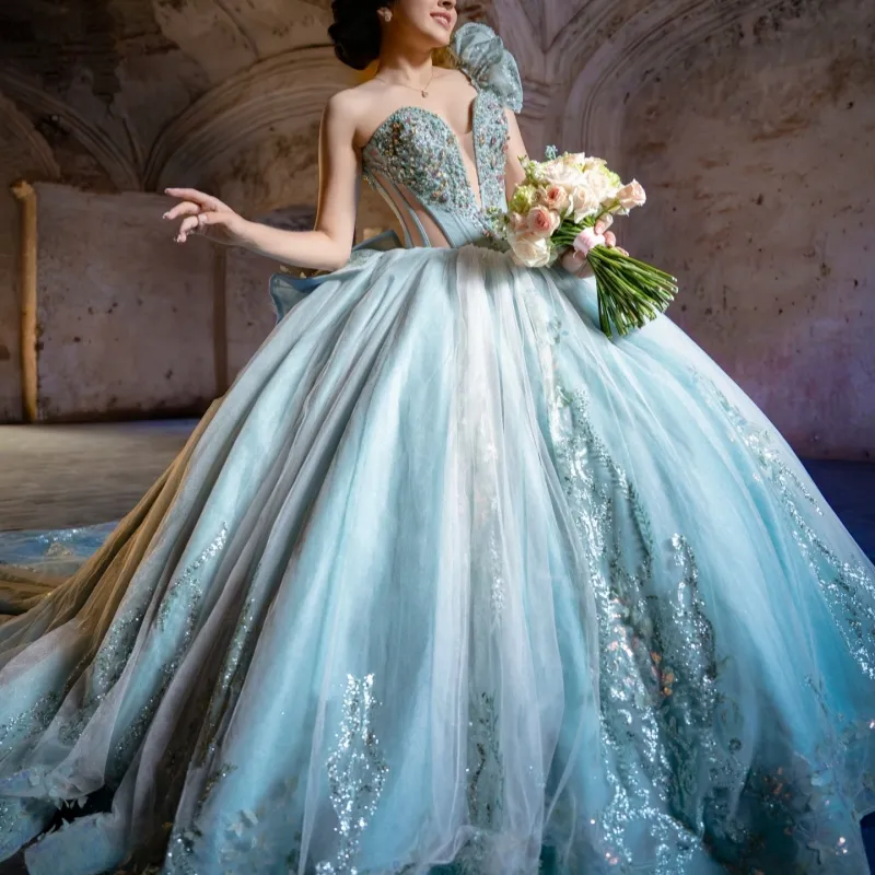 aqua blue 15 dresses Aqua Blue Quinceaera Dress with Embroidered Glitter Tulle 2XL / Blue