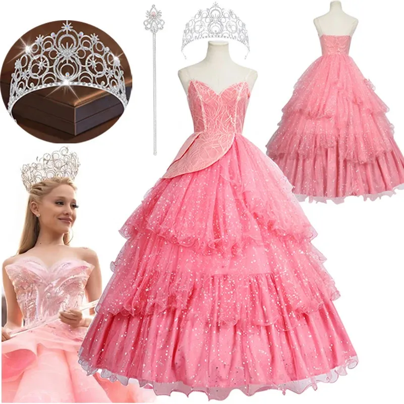 open lace back dress Adult Glinda Outfit The Good Witch Costume Pink Witch Fancy Dress for  Sun  Baby