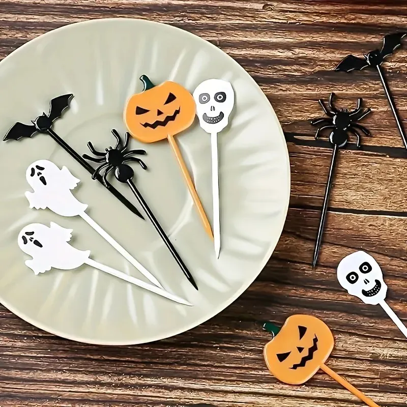 10 Plettri Decorativi In Plastica Per Halloween – Ragno, Pipistrello, Zucca, Fantasma, Teschio – Per Cupcake, Cocktail E Frutta