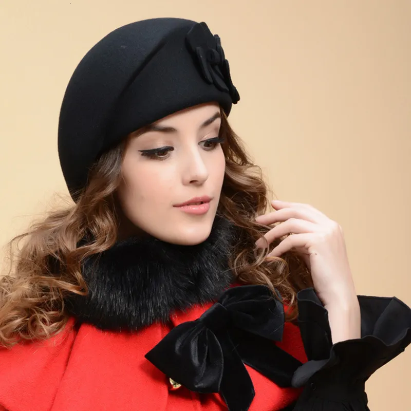 Vintage Wool Felt Beret with Pearl Bow Fascinator Adjustable Fedora Hat F-1939 Fashion Pearl Bow Wool Felt Hat - Classic Beret main image 3