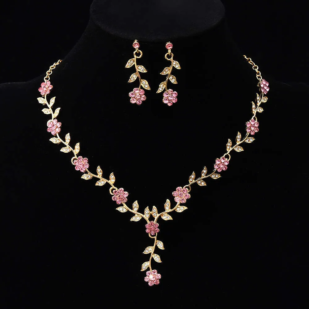 Rhinestone Flower Jewelry Bridal Earrings Necklace Set Wedding Banquet Costume Accessories_voghion.com