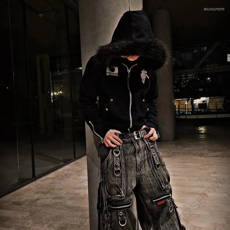 Harajuku Retro Unisex Black Zip Up Hoodie With Zipper From