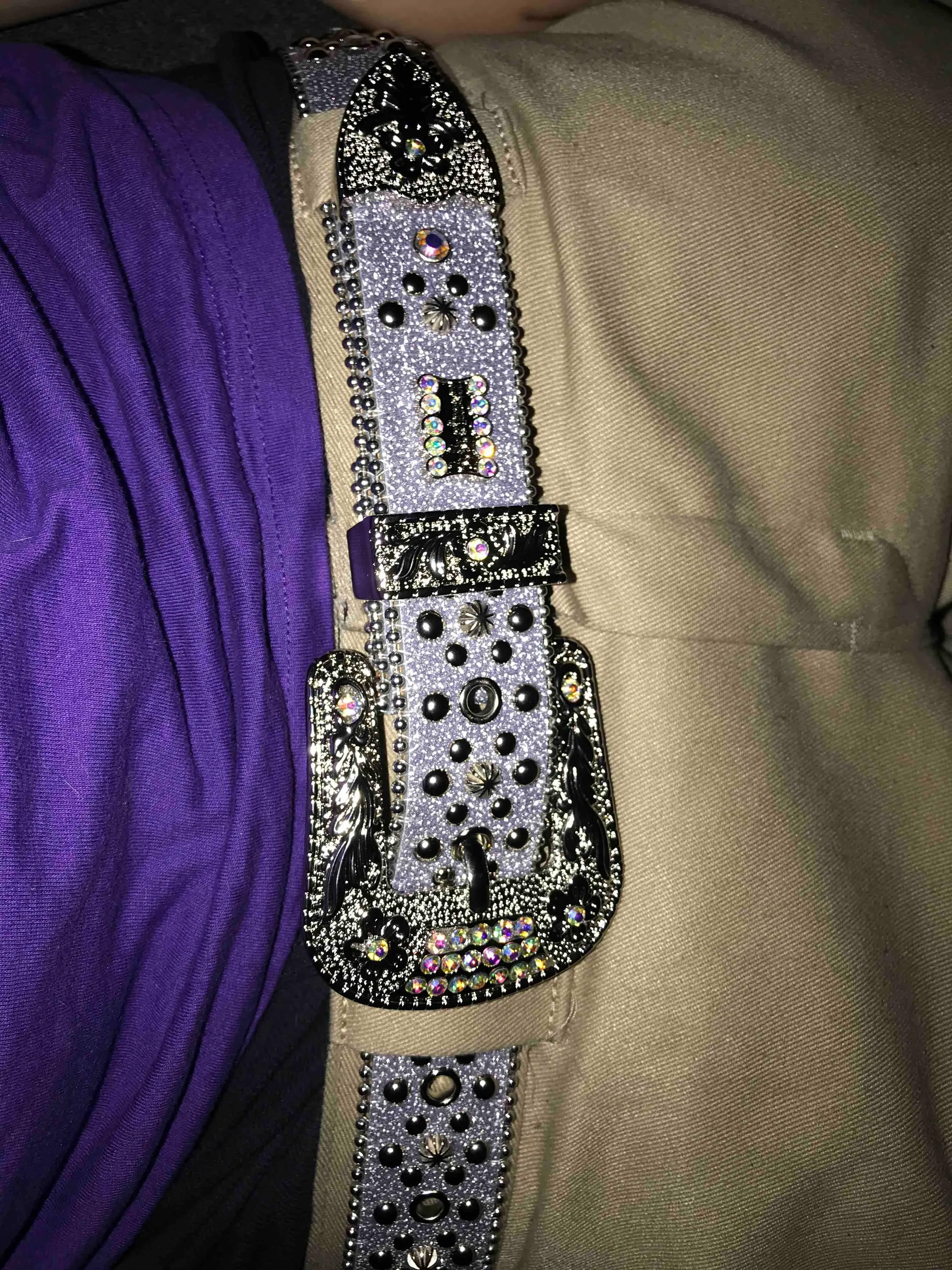 B.B. Simon Lilac Crystal Western Buckle Belt Shiny Silver BB Simon Belts - Stylish for Men & Women  main image 2
