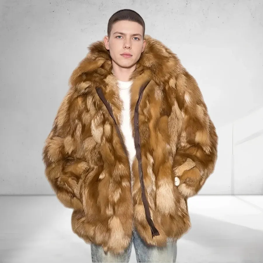 251009 Natural Fox Fur Jacket Men Real Fox Fur Bomber Coat With Lapel ...