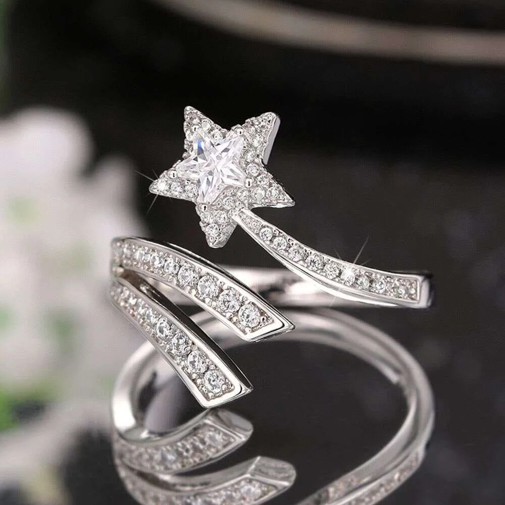 Fashion Diamond Five Pointed Cut Ring Double Layer Surround Sun Moon Star Engagement Open Sparkling_voghion.com