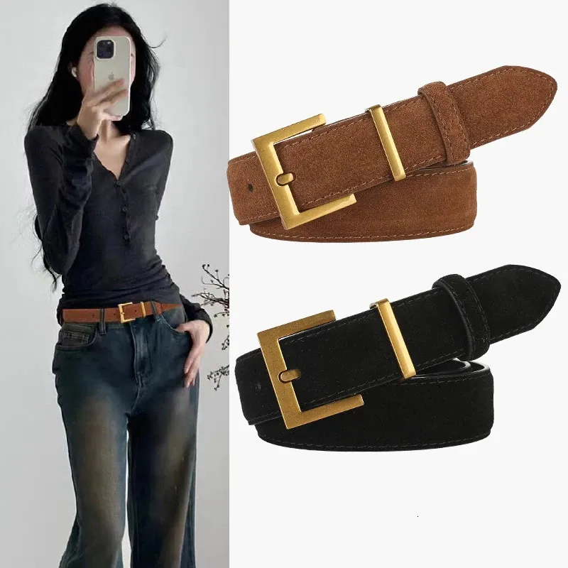 Suede Leather Belt with Square Gold Buckle 1.1 in Wide  display picture 1
