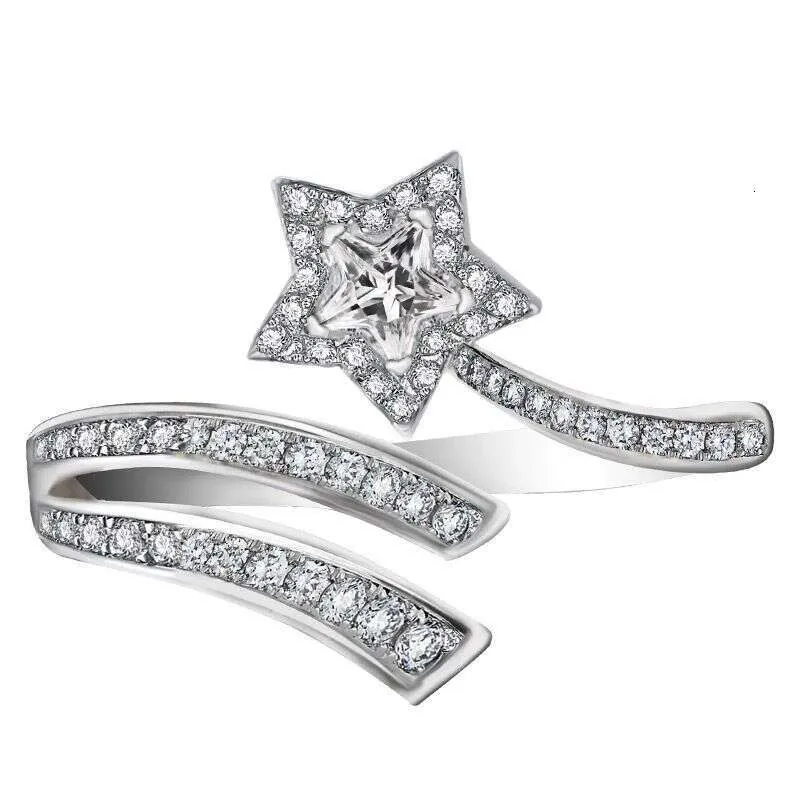 Fashion Diamond Five Pointed Cut Ring Double Layer Surround Sun Moon Star Engagement Open Sparkling_voghion.com