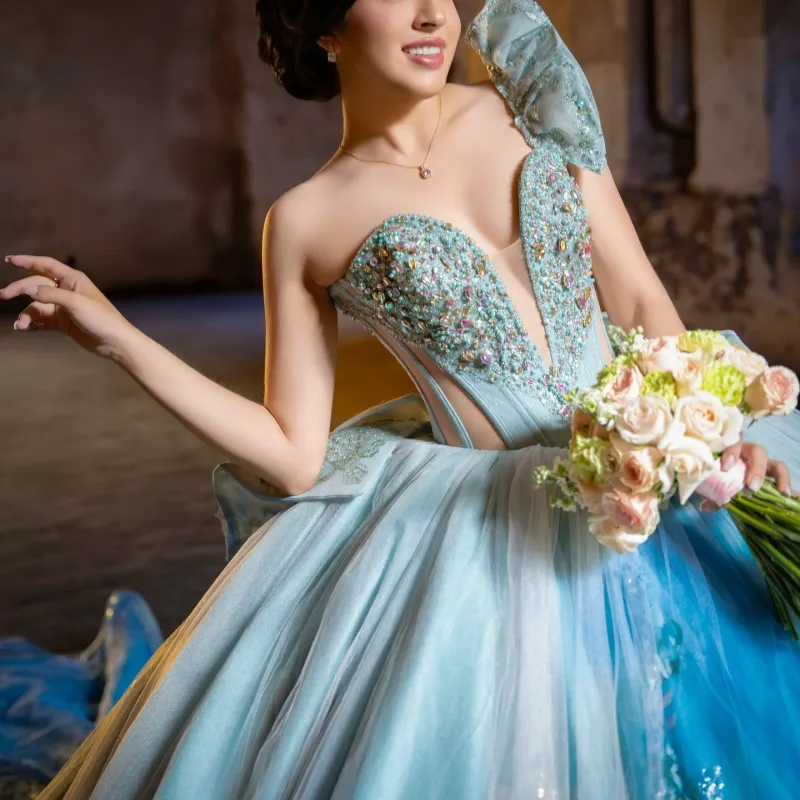 aqua blue party dress Navy Long Dress With Embellished Corset And Wrap-Over Mesh Skirt