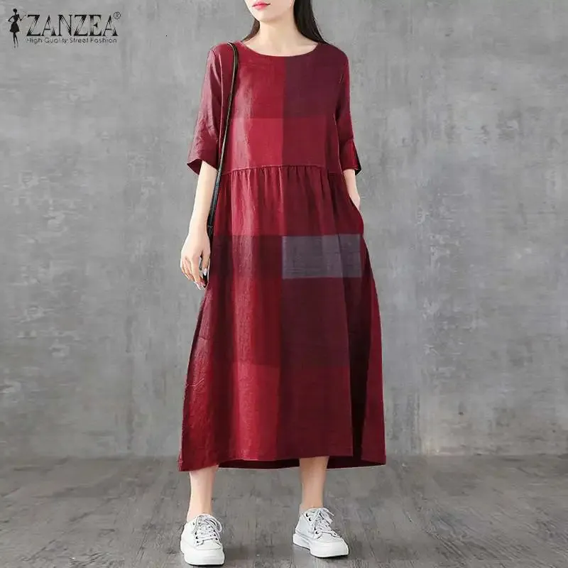 zanzea linen dress ZANZEA Women Plus Size Cotton Linen Solid Baggy Pockets Summer Maxi Dress Sale