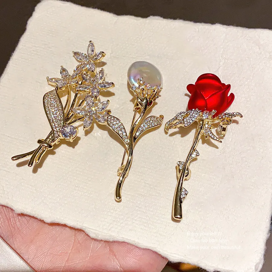 Gold Toned Brooch With Rhinestone Encrusted Floral Leaf Design Delicate Daily Elegant Jewelry Gift For Her Exquisite And_voghion.com