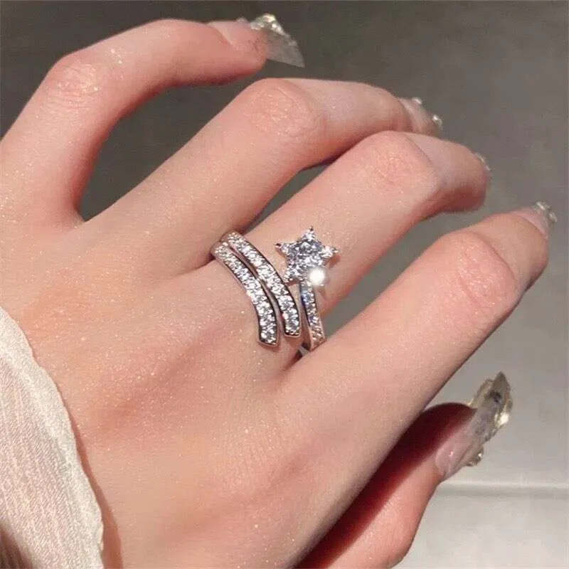 Fashion Diamond Five Pointed Cut Ring Double Layer Surround Sun Moon Star Engagement Open Sparkling_voghion.com