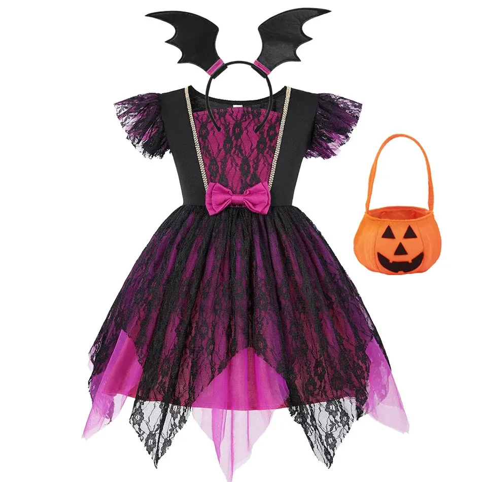 Costume Da Strega Halloween Per Bambina Vestito Con Gonna Cappello E Cintura Taglie 110-140 Cm