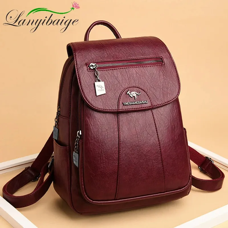 Color Women's Soft Leather Backpack Vintage Female Shoulder Bag Sac a Dos  Casual Travel Ladies Bagpack Mochilas School Bag