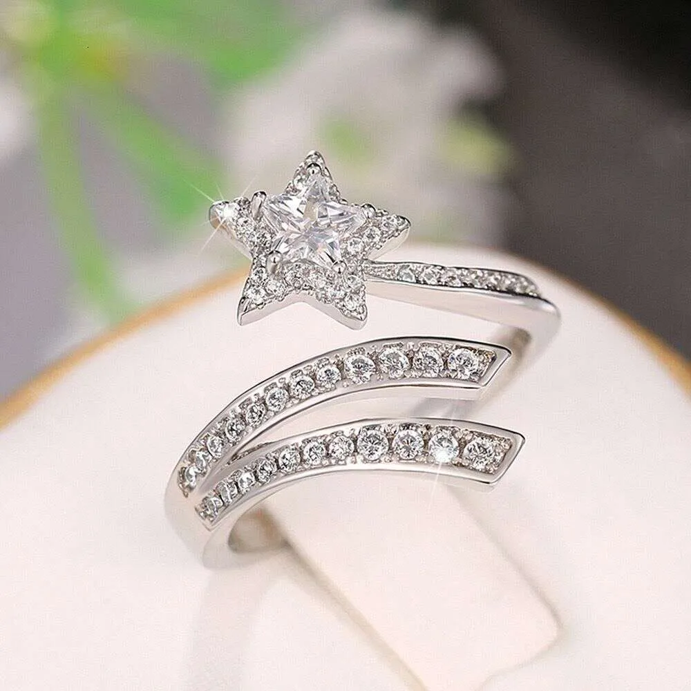 Fashion Diamond Five Pointed Cut Ring Double Layer Surround Sun Moon Star Engagement Open Sparkling_voghion.com
