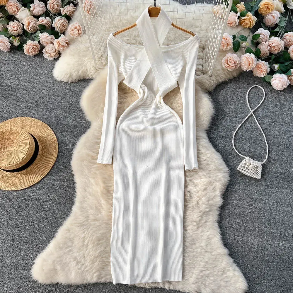 Robe Blanche Femme Automne Hiver Manches Longues Col Haut Pull Tricot Longueur Moyenne - Robe Grossesse Confortable