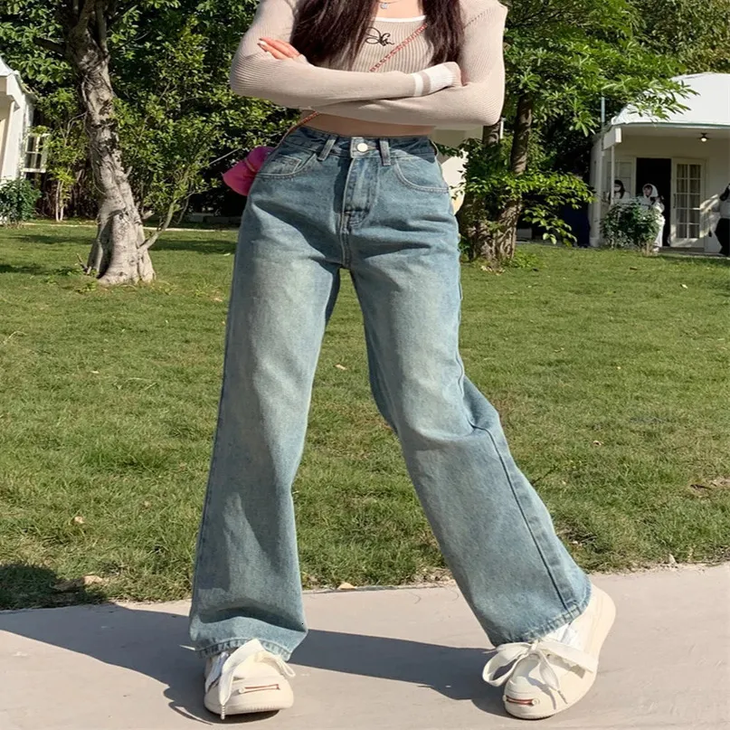 High Waisted Trouser Jeans Womens Wide Leg Denim Pants, Chic Blue