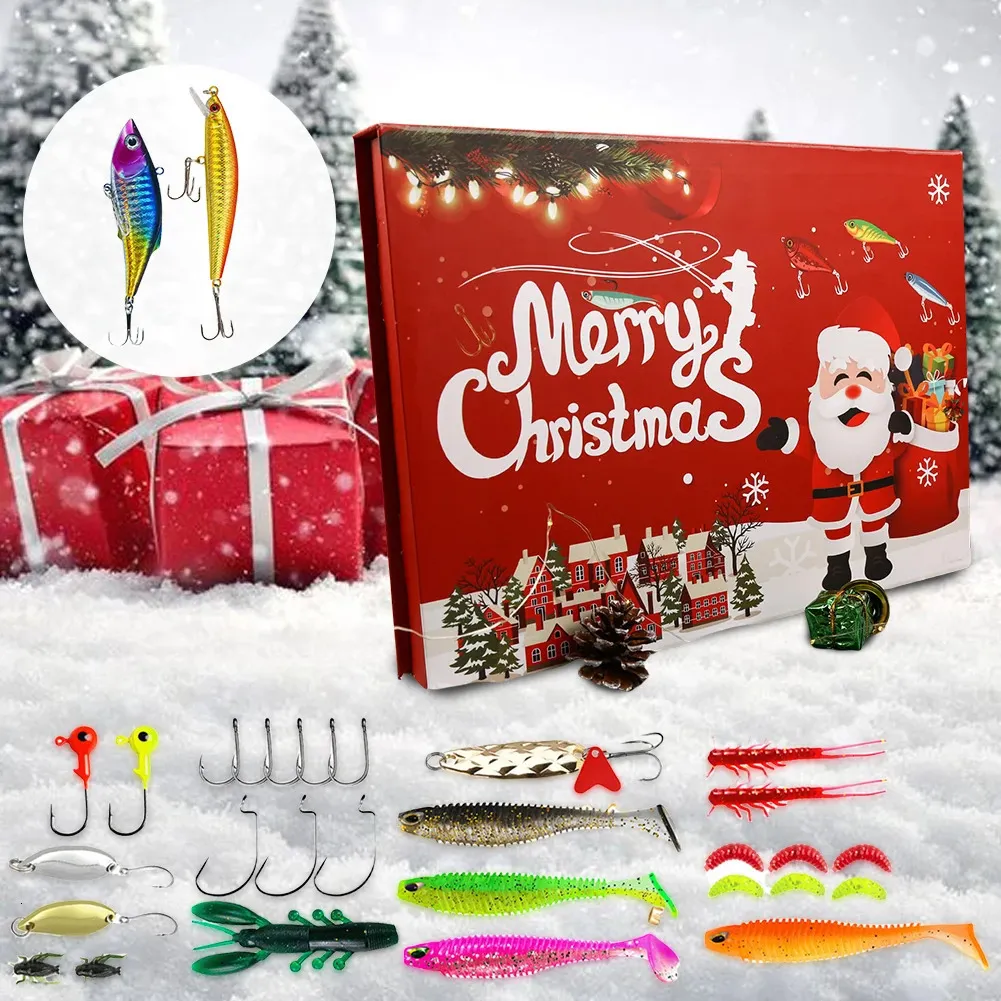 Funewest Calendrier de l'Avent 2025 pour homme, compte à rebours de Noël de 24 jours, leurres de pêche et matériel de pêche pour adultes, adolescents, garçons, appât surprise de Noël pour pêcheurs