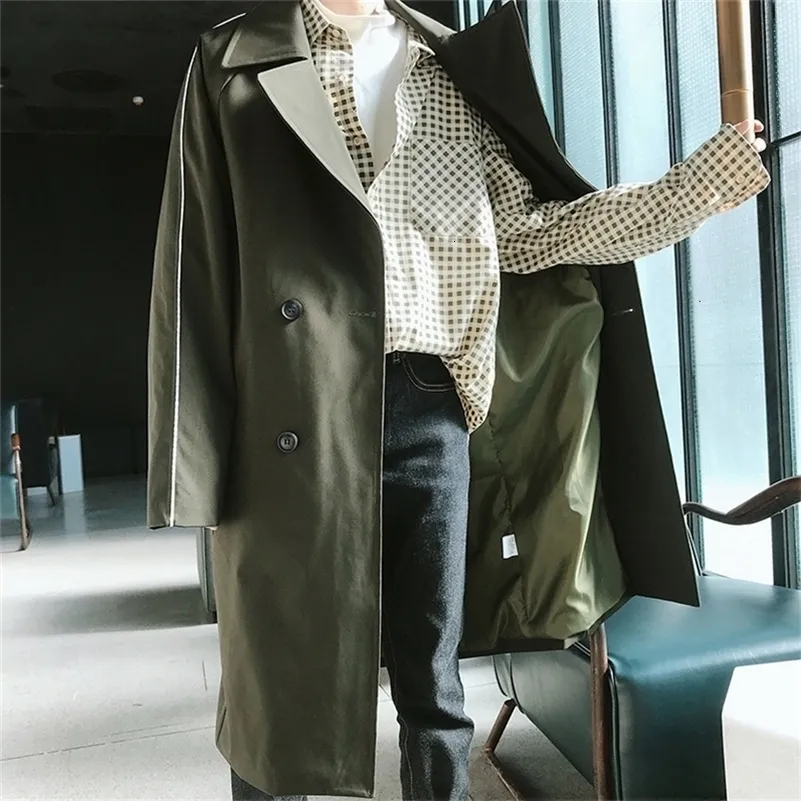 M グリーン ロング ダブルトレンチコートメンズ ビジネス フォーマル P