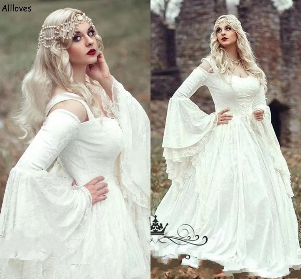 Vintage Gothic Ball Gown Bishop Sleeve Wedding Dress With Cloak, Bell ...