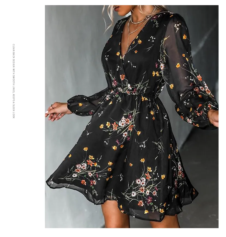 TOOSIS Dresses for Women 2023 Floral Print Sleeve Short Dress V Neck A Line High Waist at Women's Clothing store