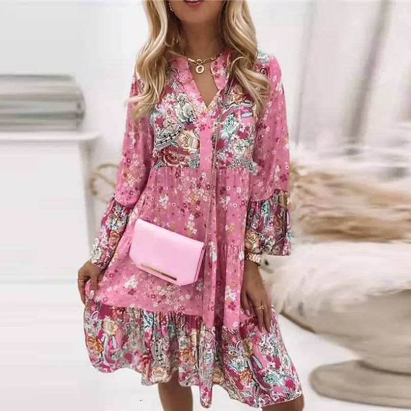 Floral Smock Floral Dress for Women - Loose Frill, V-Neck, Long Sleeve, Perfect for Summer, Beach, and Casual WearColor: Pink/RedSuitable Gender:
