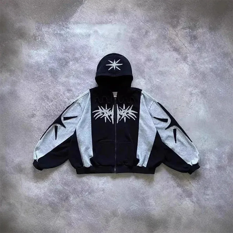 Y2K Embroidered Loose Zipper Men's Hoodie Geometric Pattern