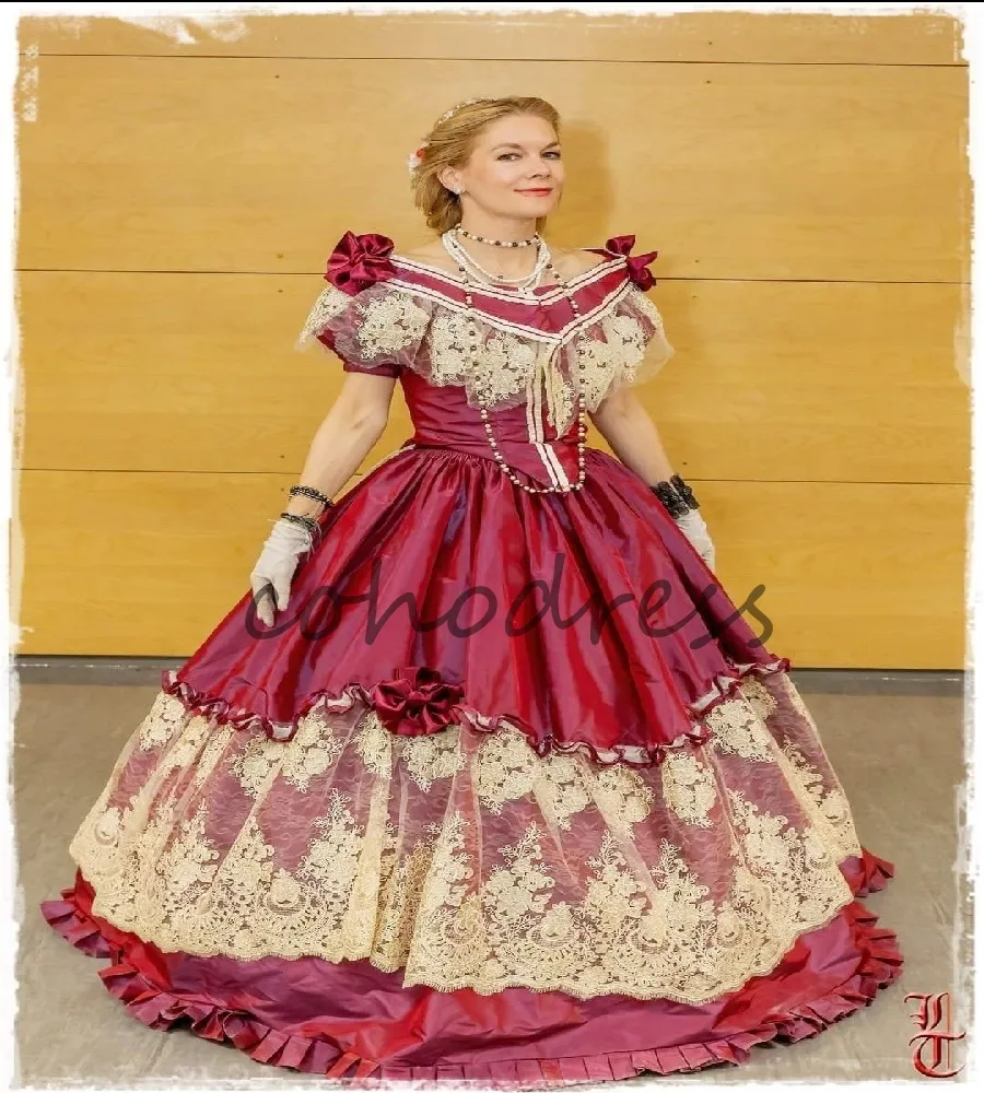 red dress with gold lace 1860s Medieval Revival Evening Dress, Off-Shoulder Victorian Prom Dress, Renaissance Civil War Bespoke Occasion Party Vestido De Fiesta from Dhgate Evening Dresses bestsellers-resort