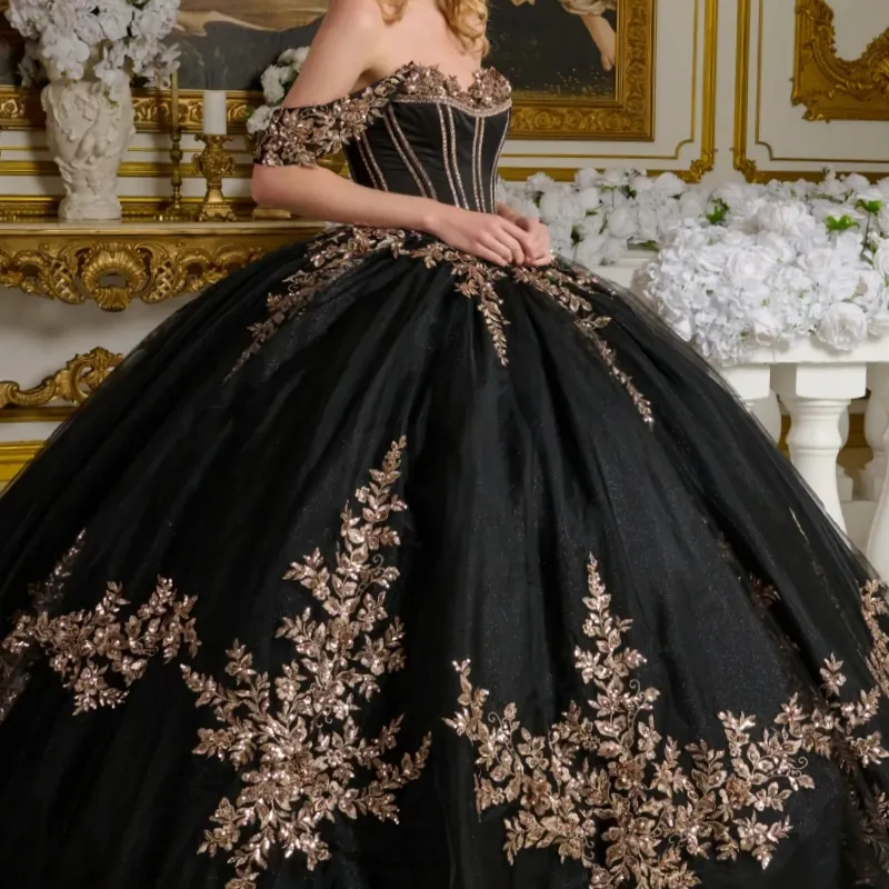 black and gold sweet 16 dress Black Crystal Quinceanera Dresses with Gold Applique