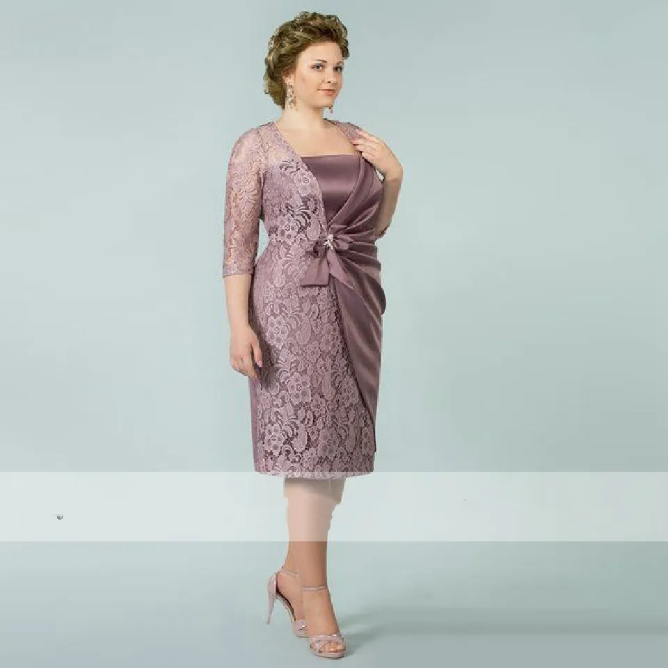Mother of the Bride Dress Knee Length Lace Satin V-Neck Square Capped  Sleeve Plus Size Formal Evening Gown from Dhgate Mother's Dresses - price  139.9