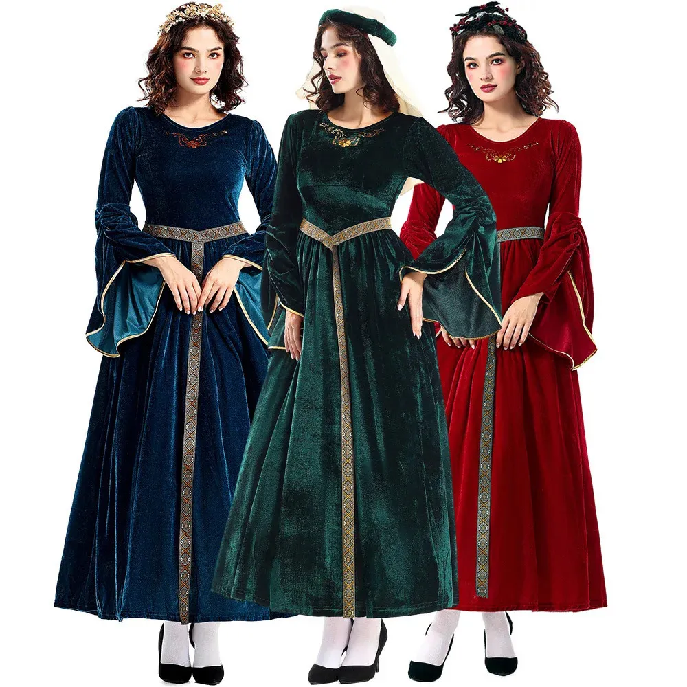 Adult Halloween Medieval Queen Costume Velvet Lady Guinevere Teal Dress ...