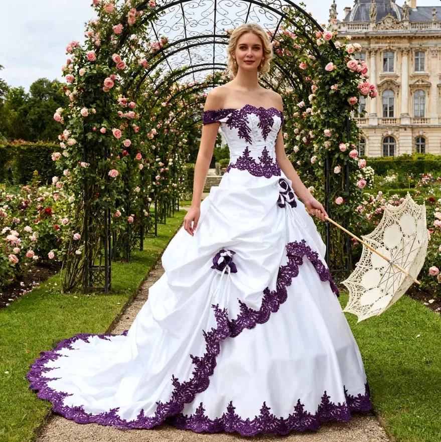 purple black and white wedding dress Gothic Black and Dark Purple Wedding Dresses With Belt Lace Applique Bridal Gown