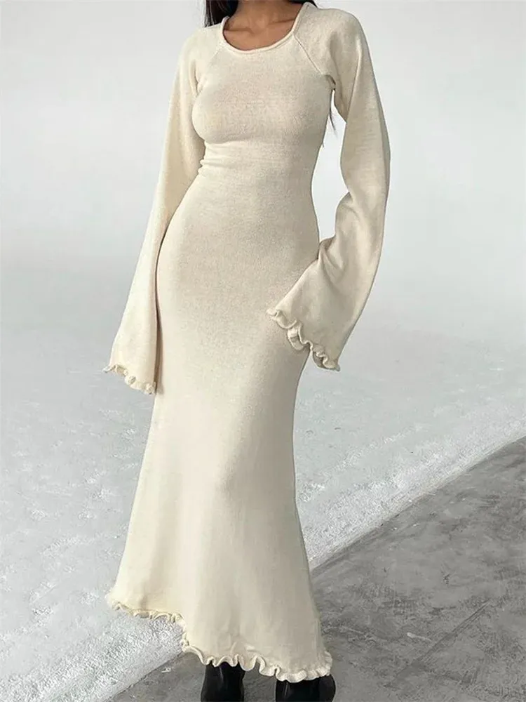 knitted round neck frill maxi dress Womens Backless Long Dress, Tie Up Flare DUSTY-PINK