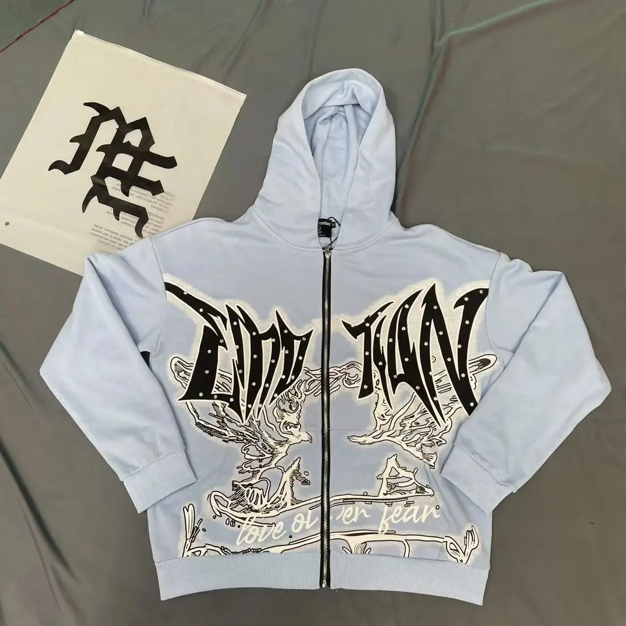Mens Y2K Knit Hooded Rhinestone Zipper Hoodie, Full Open Baggy 