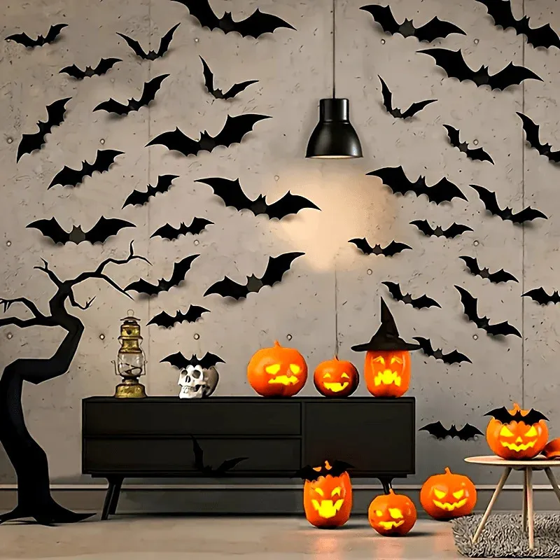 60 piezas de decoración de murciélagos 3D de Halloween 2021 actualizados, 4 tamaños diferentes realistas de PVC aterrador negro para decoración del hogar, calcomanías de pared para baño, decoración de