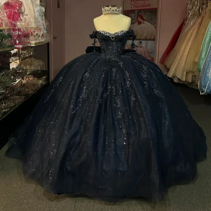 Sparkly Black Ball Gown Quinceanera Dresses Shiny Applique Sequined Lace-up  | eBay