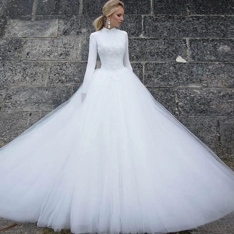 Modest Muslim A Line Wedding Dresses High Neck Long... From  Elegantweddings, $140.11
