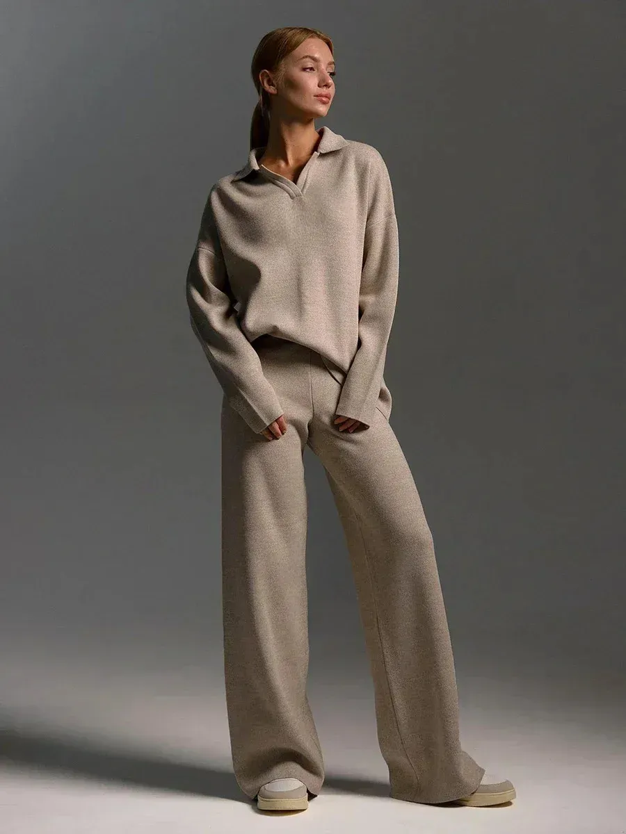 Set 2 Pezzi Donna In Maglia: Maglione A Maniche Corte Con Pantaloni A Gamba Larga - Tuta Loungewear Morbida - 2