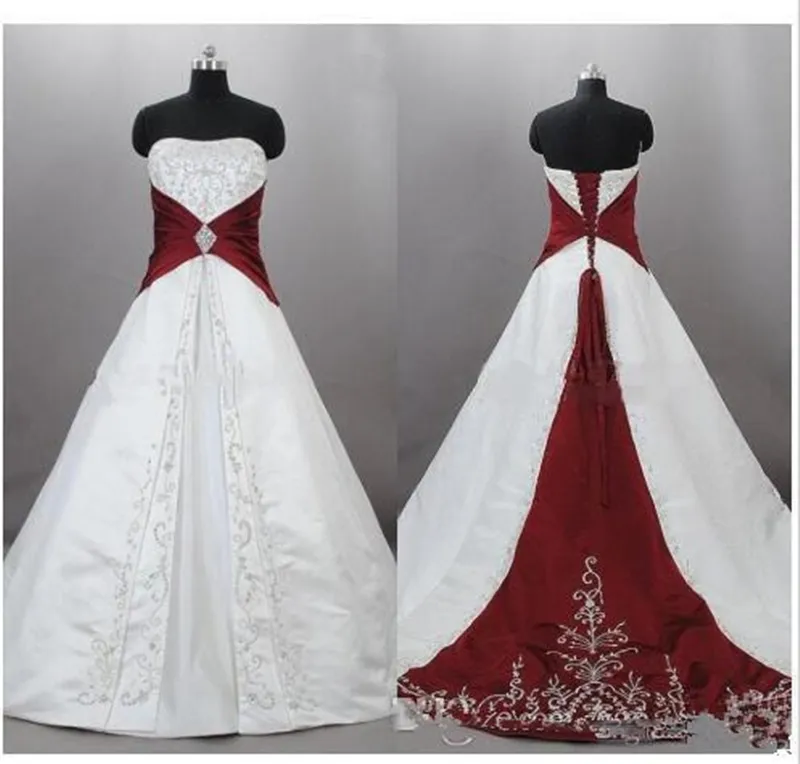 Vintage Embroidery A-Line Wedding Dress - Strapless Satin Lace-Up with  Train - Plus Size Custom Made Dark Red and White Bridal Gown