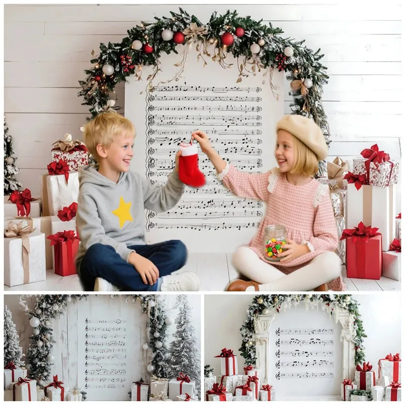 Elegant Christmas Photography Backdrop Of With Music Notes, Wreath, And ...