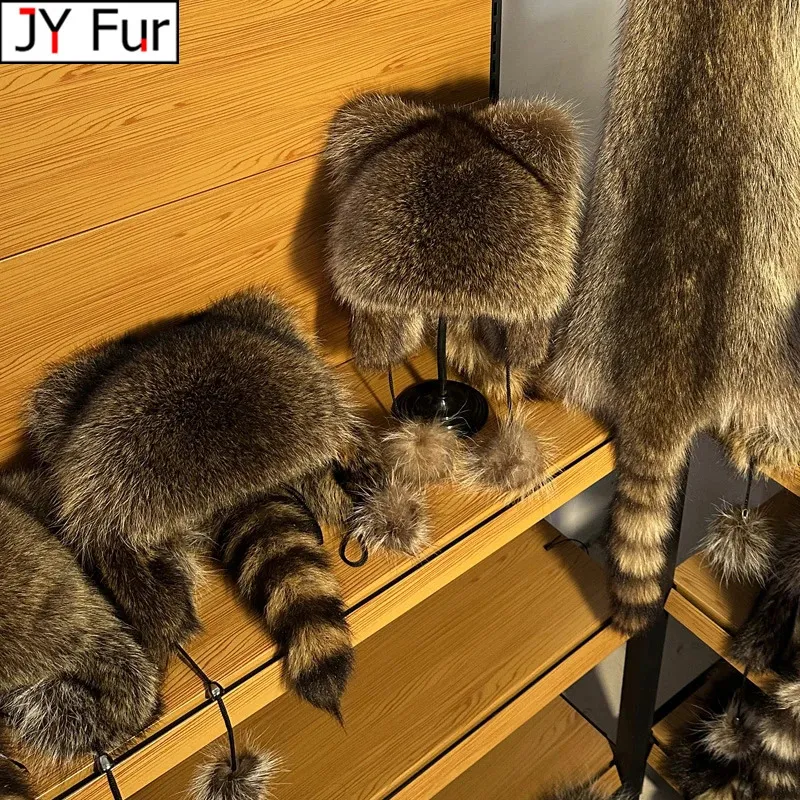 Lady Real Raccoon Fur Cap Tail Women Natural Raccoon... From  display picture 1
