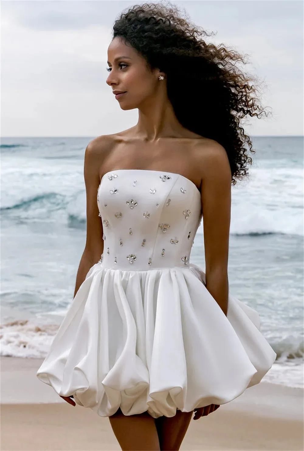 mothers dress for beach wedding Sweetheart Strapless Beaded Tiered A-Line Short Beach Wedding Dress  Liymc